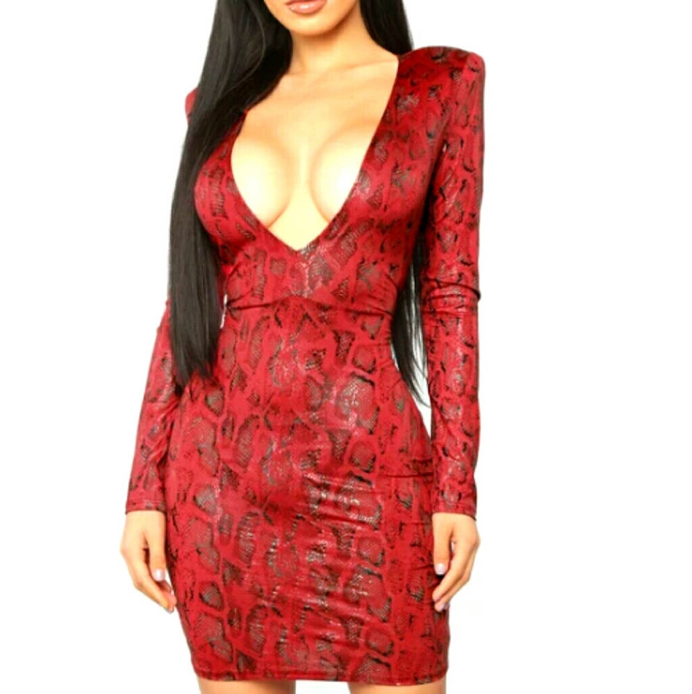 Plunging neck snake dress.
